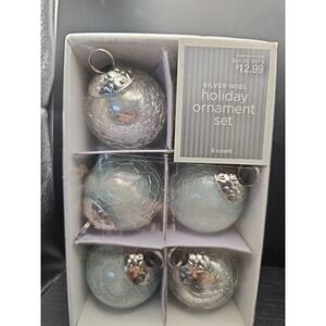 2008 Target Silver Noel Holiday Ornament Set Crackle Glass